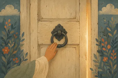 Jesus Knocking at Light-Filled Wooden Door