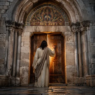 Jesus Knocking at Glowing Stone Door