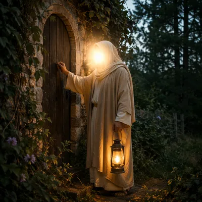 Jesus Knocking at Garden Doorlight Dusk
