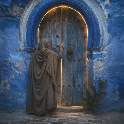 Jesus Knocking at Blue Arched Door