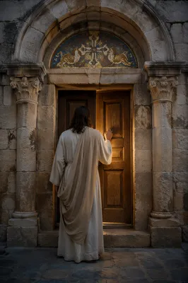 Jesus Knocking at Glowing Wooden Door
