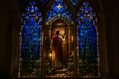 Jesus Knocking at Door Stained Glass