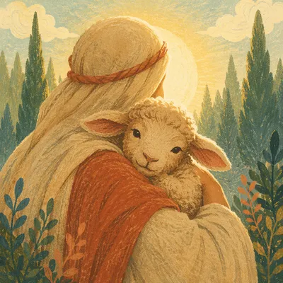 Gentle Shepherd Holding Lamb in Evergreen Light