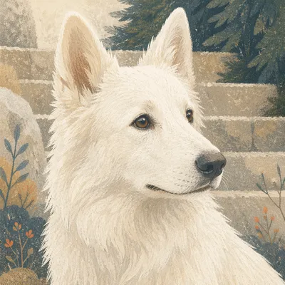 Gentle White Shepherd in Evergreen Light