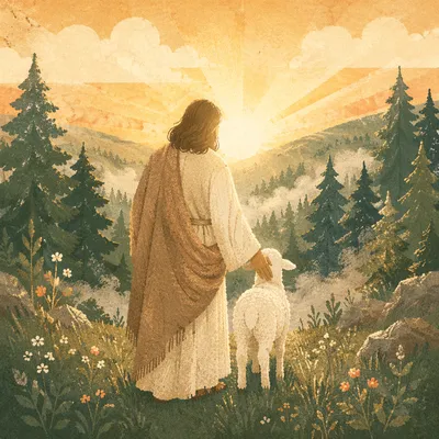 Gentle Shepherd in Evergreen Dawn Light