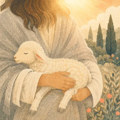 Gentle Shepherd Holding Lamb in Morning Light