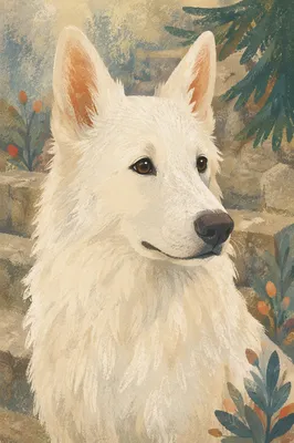 Gentle White Shepherd in Evergreen Light