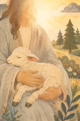 Gentle Shepherd Holding Lamb in Morning Light