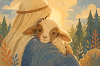 Gentle Shepherd Holding Lamb in Morning Light