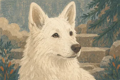 Gentle White Shepherd in Evergreen Light