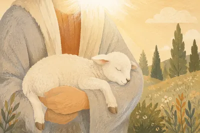 Gentle Shepherd Holding Lamb in Morning Light