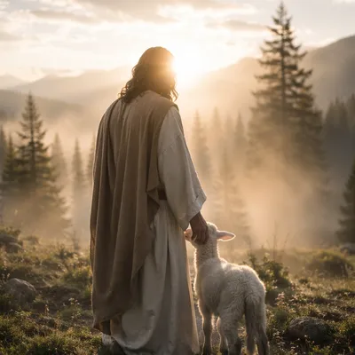 Gentle Shepherd in Morning Evergreen Light