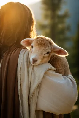 Gentle Shepherd Holding Lamb in Golden Light