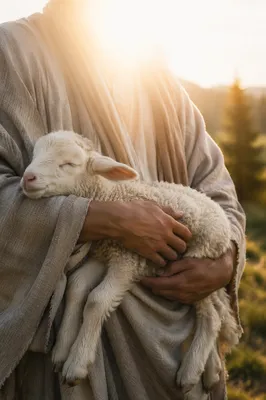 Gentle Shepherd Holding Lamb in Morning Light