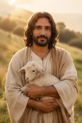 Gentle Shepherd Holding Lamb at Sunrise