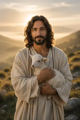 Gentle Shepherd Holding Lamb at Dawn
