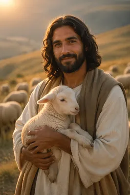 Gentle Shepherd Holding Lamb at Sunset