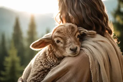 Gentle Shepherd Holding Lamb at Sunrise