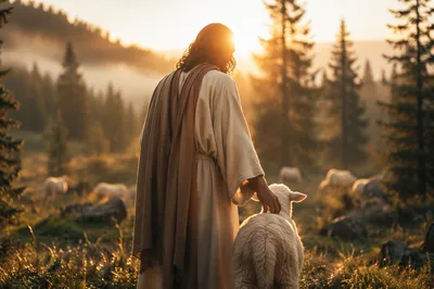 Gentle Shepherd at Dawn in Evergreens
