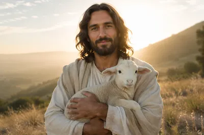 Gentle Shepherd Holding Lamb at Dawn
