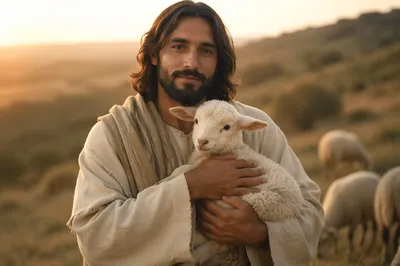 Gentle Shepherd Holding Lamb at Sunset