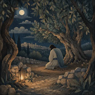 Jesus Praying in Gethsemane at Night