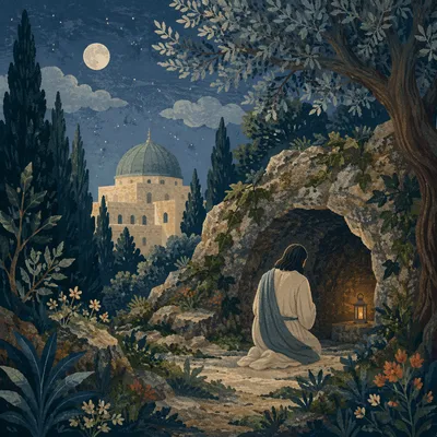 Jesus Praying in Gethsemane Garden at Night