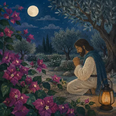 Jesus Praying in Gethsemane at Night