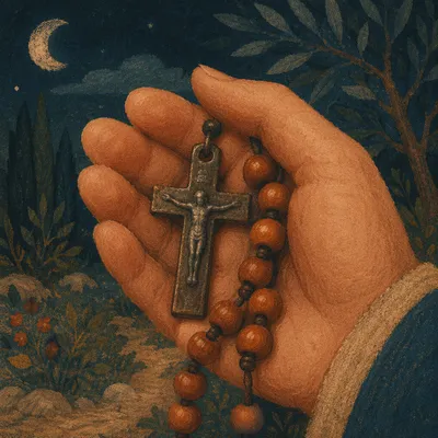 Prayer Beads and Crucifix in Gethsemane Night