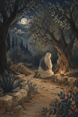 Jesus Praying in Gethsemane at Night