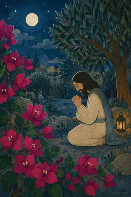 Jesus Praying in Gethsemane at Night