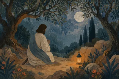 Jesus Praying in Gethsemane at Night
