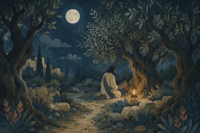 Jesus Praying in Gethsemane at Night