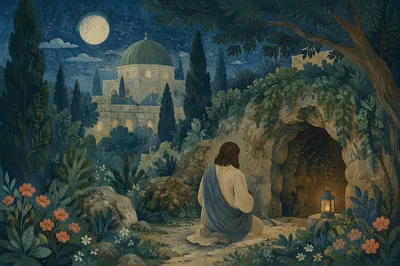 Jesus Praying in Gethsemane Garden at Night