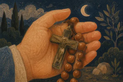 Prayer Beads and Crucifix in Gethsemane Night