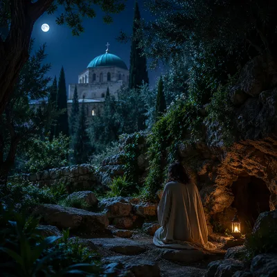 Jesus Praying in Gethsemane at Night