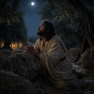 Jesus Praying in Gethsemane at Night