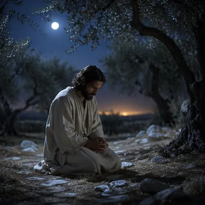 Jesus Praying in Gethsemane at Night