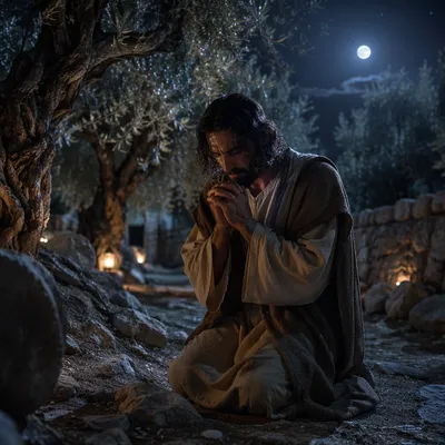 Jesus Praying in Gethsemane at Night