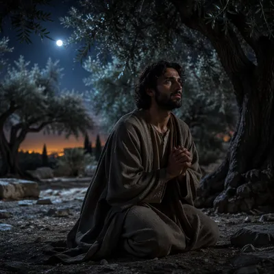 Jesus Praying in Gethsemane at Night