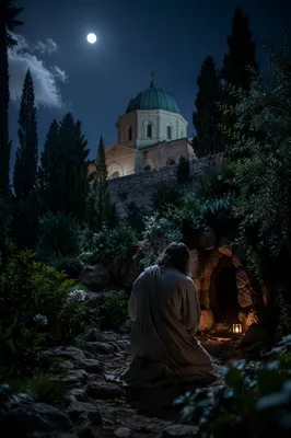 Jesus Praying in Gethsemane Garden at Night