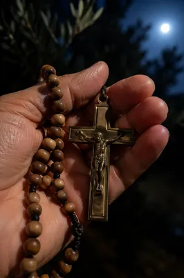 Crucifix and Prayer Beads in Night Garden