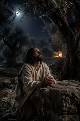 Man Praying Among Olive Trees at Night