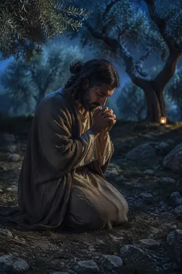 Man Praying in Moonlit Olive Grove