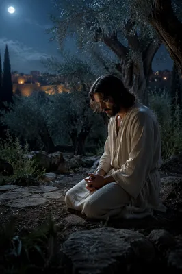 Man Praying in Moonlit Olive Garden