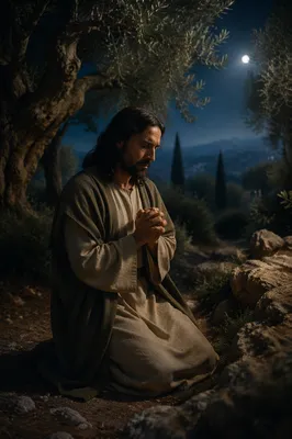 Man Praying Among Olive Trees at Night