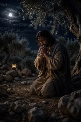 Man Praying in Moonlit Olive Garden