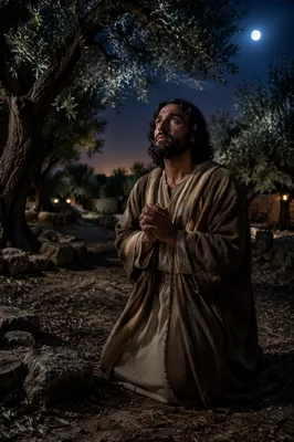 Man Kneeling in Olive Garden at Night