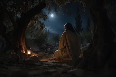 Jesus Praying in Gethsemane at Night