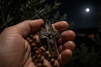 Crucifix and Prayer Beads in Gethsemane Night